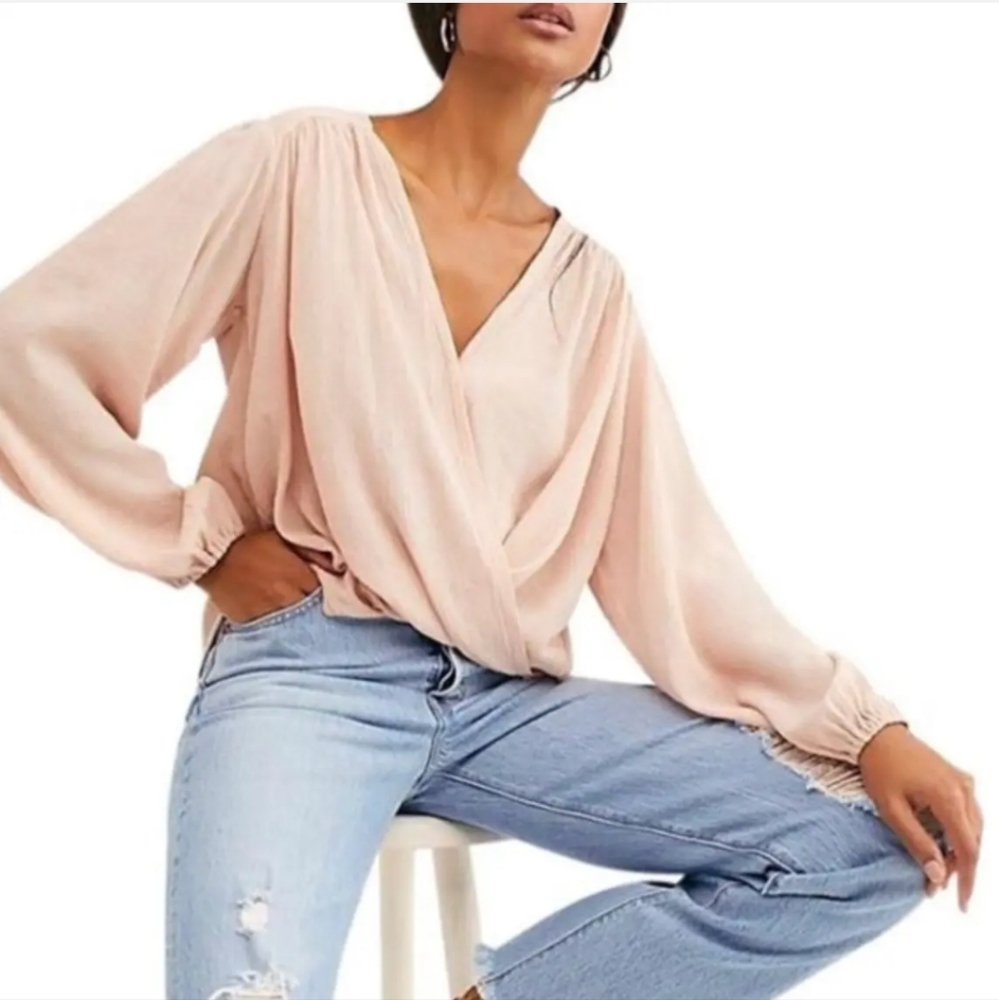 NWT Free People • M blouse Check On It faux wrap v-neck long sleeve pink